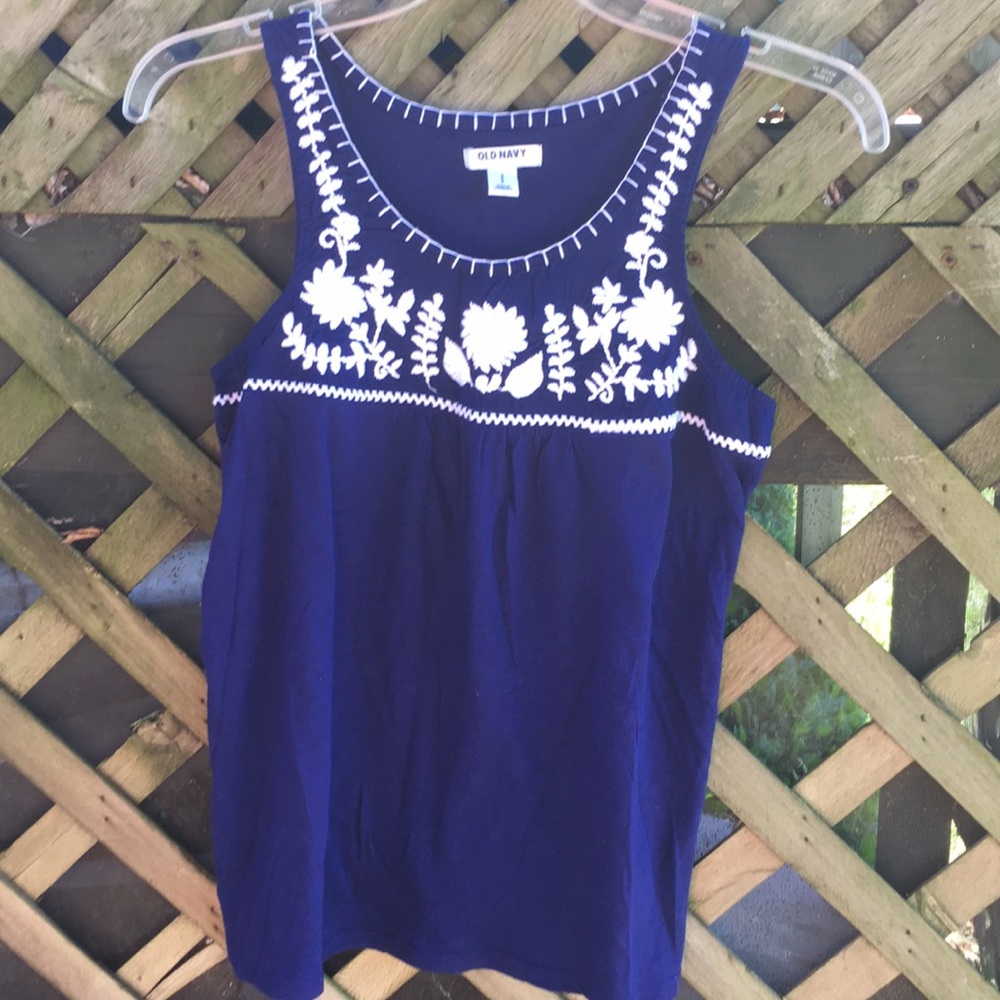Navy tank top with white embroidery